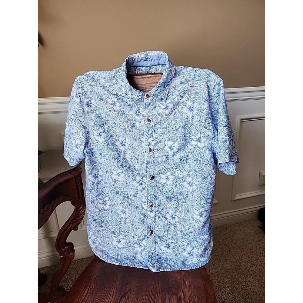 Tommy Bahama Men's M Blue White Floral Short Sleeve Button Down Shirt